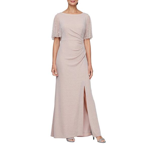 Alex Evenings Metallic Embellished Flutter Sleeve Boat Neck Ruched Waist  Gown 4 - Picture 1 of 9